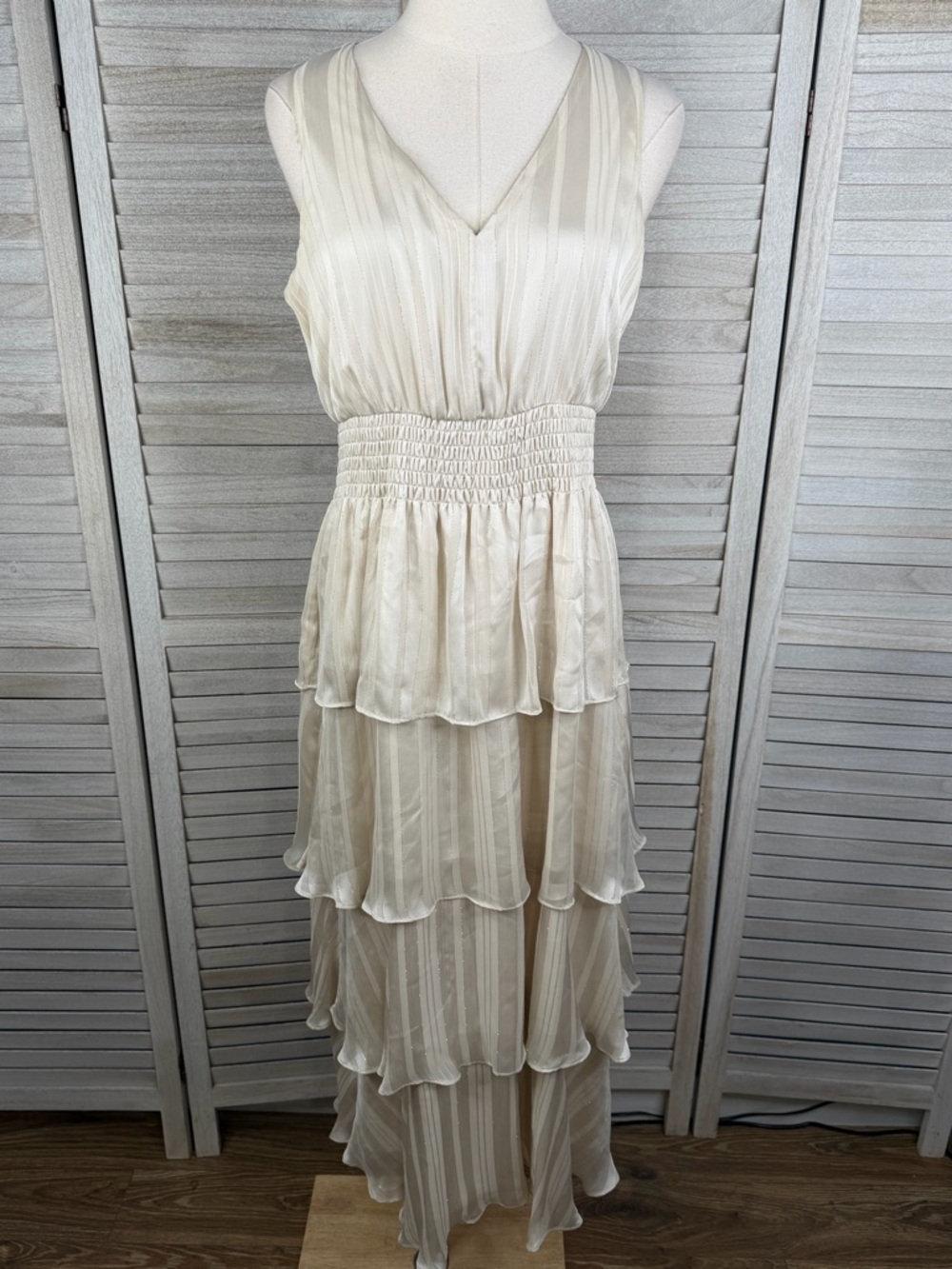 J. TAYLOR Golden Beige Metallic Stripe Sleeveless Tiered Hem Maxi Dress-10
